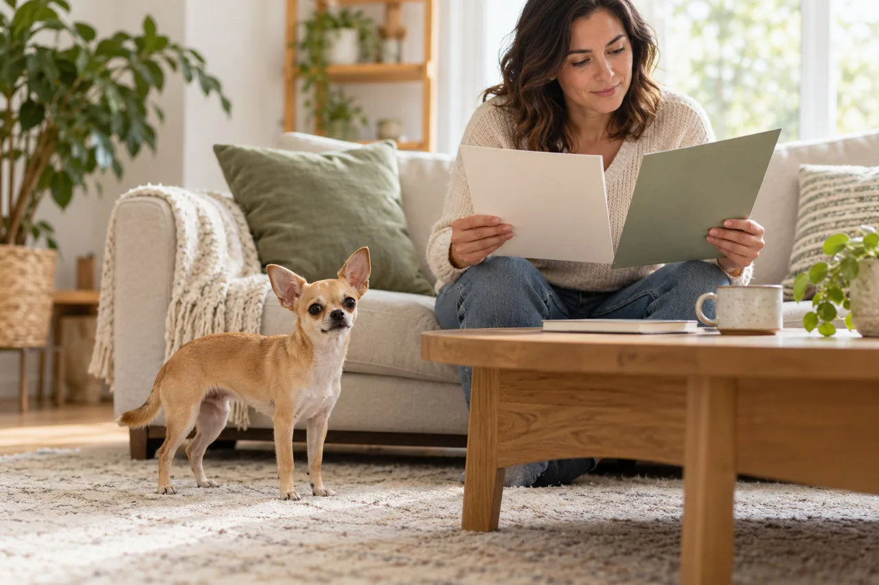 Fawn Chihuahua beside an owner reviewing two folders at home