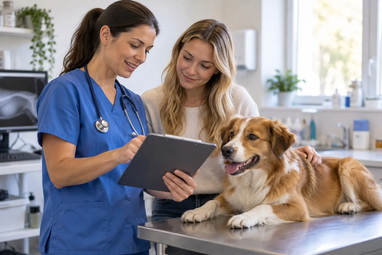 Veterinarian reviewing a tablet alongside an owner and dog